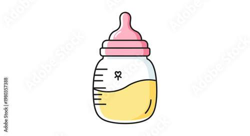 Baby bottle with yellow liquid and pink nipple.