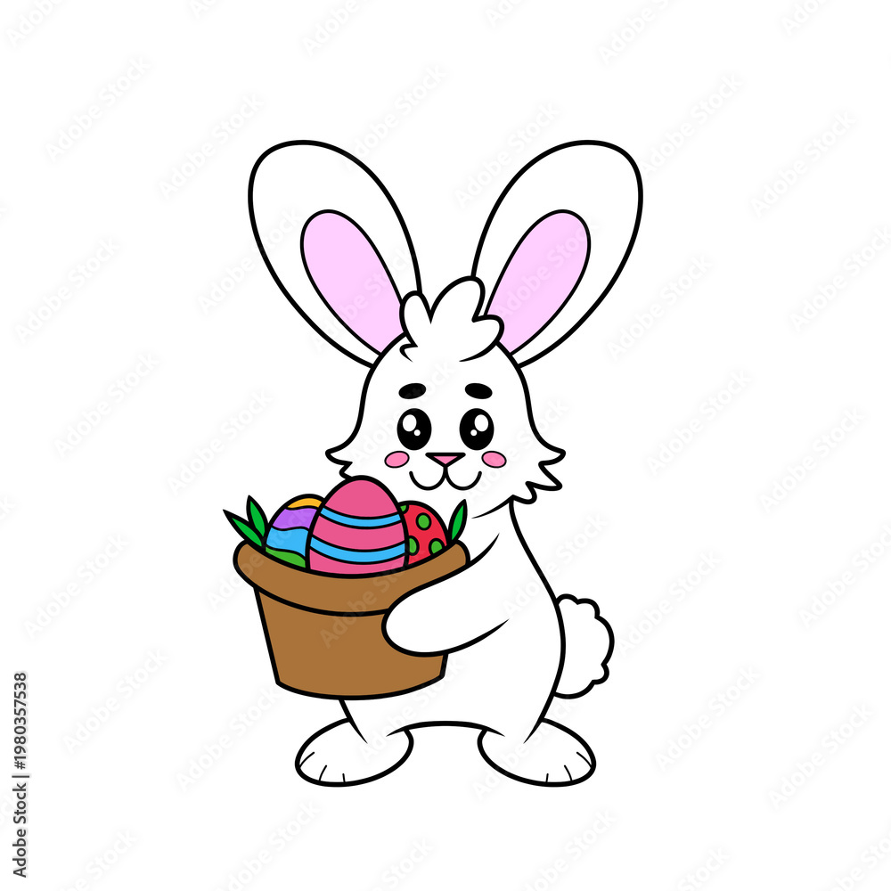 Fototapeta premium Cute white Easter bunny rabbit holding a brown basket with eggs spring clip art