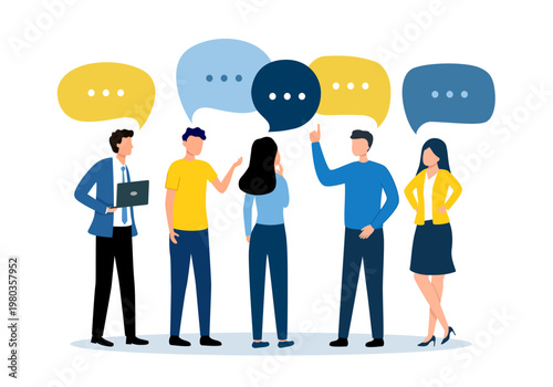 Discussion, conversation or brainstorming for idea, meeting, debate or team communication, colleague chatting, opinion concept, business team coworker discussing work in meeting with speech bubbles