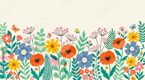 Beautiful floral garden vector featuring colorful flowers, leaves, and butterflies in a charming hand-drawn style. Perfect for spring designs, backgrounds, textiles, branding, and decorative projects.