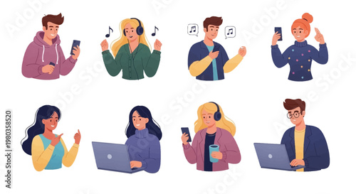 Vector illustration of a diverse group of Gen Z people using technology, including smartphones, laptops, and headphones, against a clean white background in a flat, colorful design
