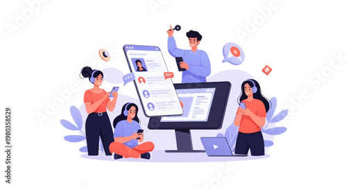 A diverse group of young people interacts with a large smartphone screen in a colorful vector illustration, using laptops and headphones, conveying a modern Gen Z lifestyle against a clean