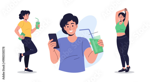 A diverse group of young people are depicted in a flat vector illustration, enjoying a healthy Gen Z lifestyle with vibrant colors, as one person drinks a green smoothie while using