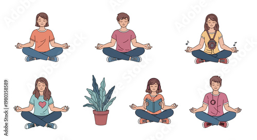 Colorful vector illustration of a Gen Z lifestyle group of people meditating in the lotus position against a white background, some with headphones or books, in a cartoon style