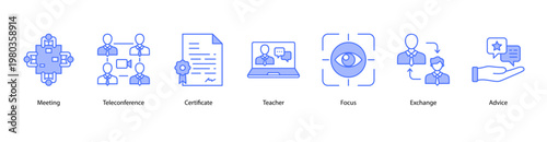 Team Collaboration web banner icon vector illustration featuring Meeting, Teleconference, Certificate, Teacher, Focus, Exchange, and Advice for workplace productivity.