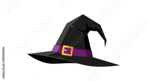 Black witch hat with purple ribbon and gold buckle.