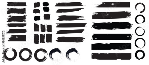 Set of vector paint brush stroke, ink splash and grungy decoration elements. Graphic element design with circle, line and frame. Creative vector shape or background art illustration template.