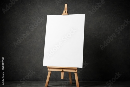 Minimalist wooden easel holding blank white foam board poster with textured dark wall background for marketing displays