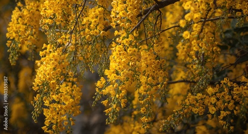 Yellow floral clusters adorn golden shower tree branches