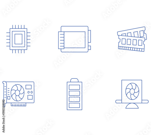 Minimal Computer Hardware Line Icon Set Vector, Processor Chip, CPU, RAM, GPU Graphics Card, Battery, Cooling Fan System, Electronic Components Outline Icons Collection, Technology Linear Icons Pack 