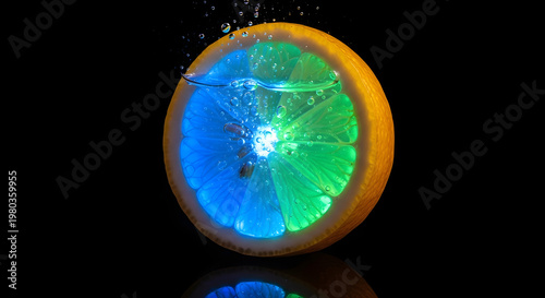 Creative food photography of a submerged citrus orange with a glowing neon blue and green center and rising water bubbles, surreal bioluminescent fruit concept in dark water.
