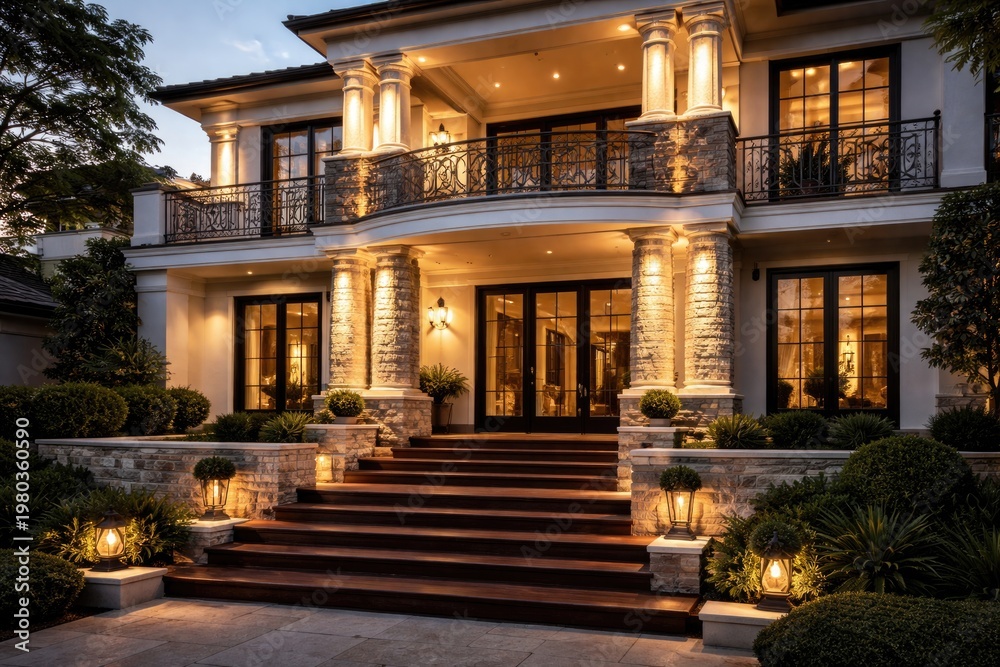 Fototapeta premium Luxurious home with upper level balcony illuminated by glowing pillars and stone details near wooden steps and crisp white walls