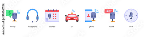 Podcast Essentials web banner icon vector illustration featuring money, headphone, calendar, car, phone, record, and clock for digital broadcasting and creative media.