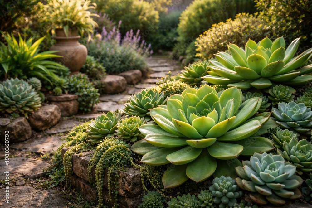 Fototapeta premium Lush Green Succulent Plants in Charming Garden Pathway