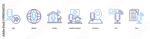 Global Podcasting web banner icon vector illustration featuring skip, global, studio, health podcast, location, live, and text for international audio broadcasting.