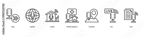 Global Podcasting web banner icon vector illustration featuring skip, global, studio, health podcast, location, live, and text for international audio broadcasting.