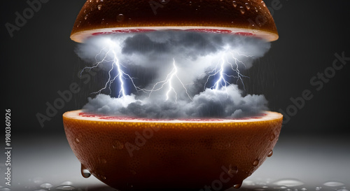 Surreal creative art of a split citrus fruit containing a miniature storm with dark clouds and electrical lightning discharges, metaphor for powerful energy and intense flavor.