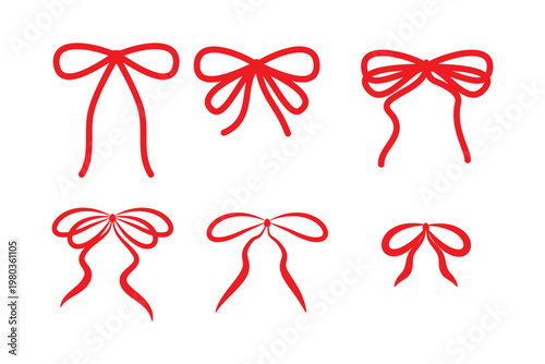 Hand-drawn red bow clipart set in a playful vintage style – adorable bow illustrations collection.