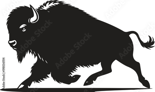 Black bison silhouette isolated on white background running with horns and fur