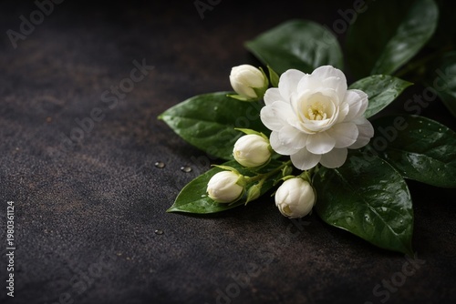 Arabian jasmine white flower with green leaves on dark textured backdrop for text placement