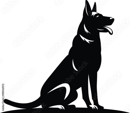 Black silhouette of a sitting german shepherd dog isolated on white background