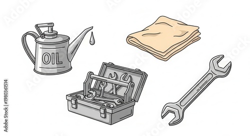 Toolbox, Oil Can, Wrench, and Cloth: Essential Auto Repair and Maintenance Kit