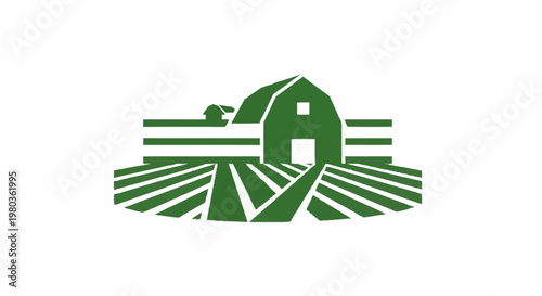 Green barn and cultivated fields illustration.