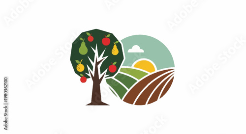 Fruit Tree and Agricultural Landscape Illustration.