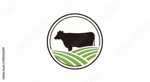 Black Cow Silhouette Standing in Green Field Inside Circle Emblem.