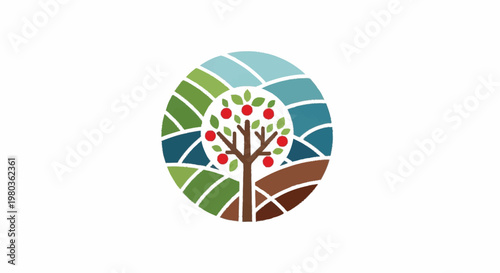 Stylized Apple Tree in Circular Landscape Design.