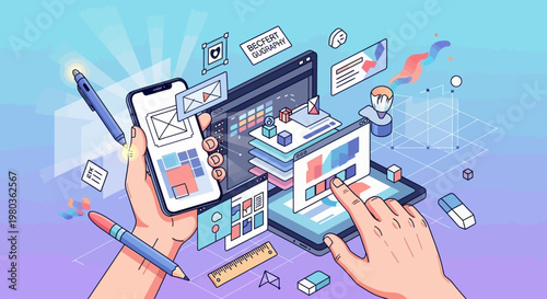 Hand Interacting with Smartphone and Laptop, Engaged in Web Design and Application Development on an Abstract Digital Workspace, symbolizing modern UI/UX.