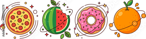 A delightful and colorful assortment of tempting food icons including pizza, watermelon, donut, and orange, perfect for culinary and lifestyle themes