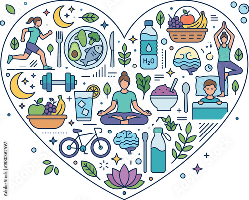 Visual Concept of Holistic Health Promoting a balanced lifestyle through nutrition, fitness, mindfulness, and restful sleep for overall well-being