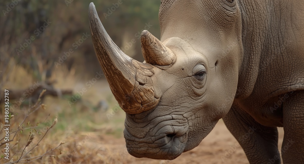 Fototapeta premium Strong facial features of a big horn rhino with rugged horn structure