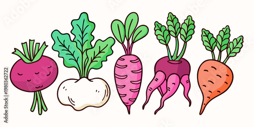 Colorful root vegetable doodle set with cartoonish root vegetables hand drawn