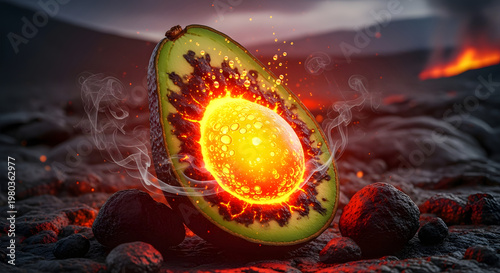 Creative food art showing a cut avocado with a burning hot magma pit and swirling smoke, surreal conceptual image of volcanic fruit energy set against a dark volcanic landscape.
