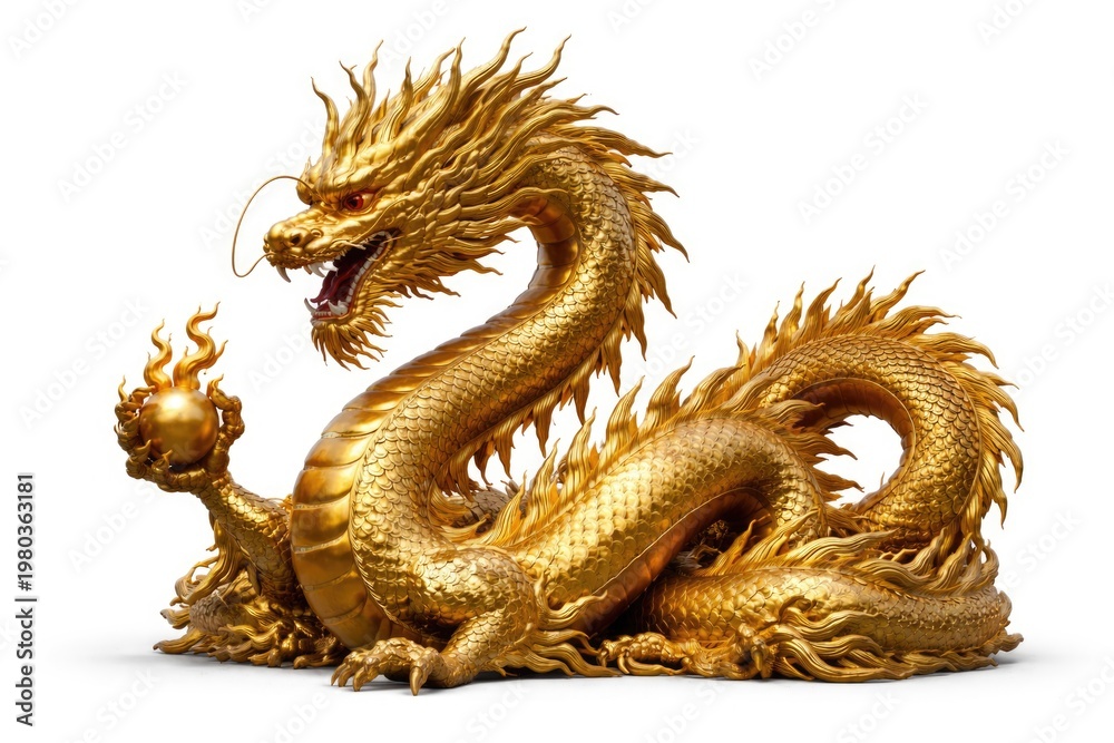 Fototapeta premium Golden Chinese Dragon Sculpture Holding Flame Ball Isolated on White Background