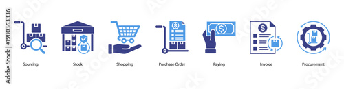 Purchasing and Documentation web banner icon vector illustration with Sourcing, Stock, Shopping, Purchase Order, Paying, Invoice, and Procurement for effective buying and financial processes.