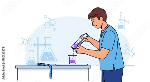 Young boy in science lab pouring purple liquid into beaker, chemistry experiment