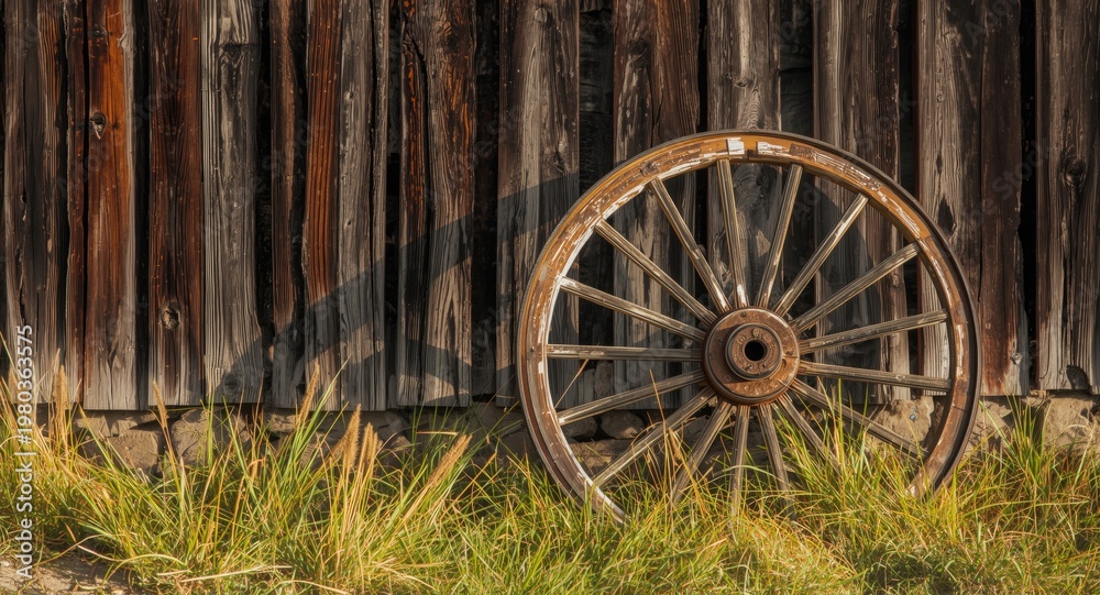 Obraz premium Sunlit aged wagon wheel resting near barn exterior with clear space for text