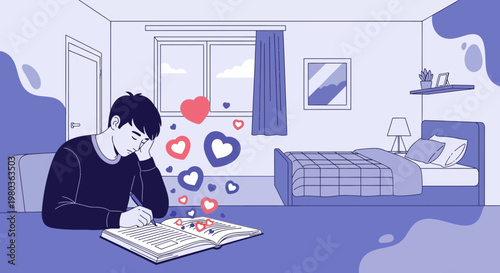 Young man dreaming of love while writing in a notebook, hearts floating around him