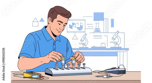Young man conducting science experiment, STEM education, laboratory equipment, innovation