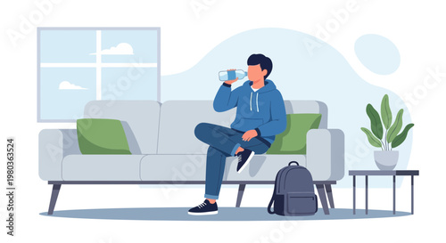 Young man drinking water from bottle while relaxing on sofa at home