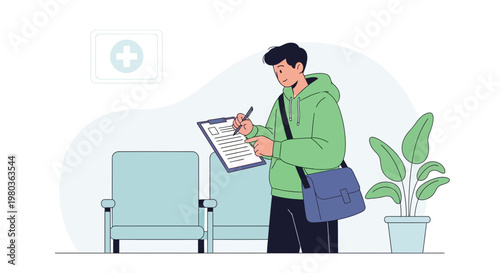 Young Man Filling Out Medical Form in Waiting Room with Chairs and Plant
