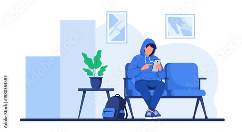 Young man in blue hoodie using smartphone while sitting in waiting room with backpack