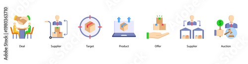 Business Deals and Suppliers web banner icon vector illustration featuring Deal, Supplier, Target, Product, Offer, Supplier, and Auction for corporate procurement and supply chain management.