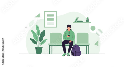 Young man sitting in waiting room with phone and backpack