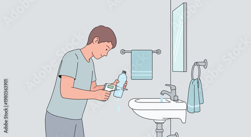 Young man testing water quality with a digital meter in a bathroom sink