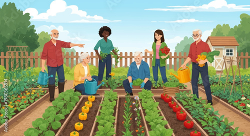 Diverse Group of People Gardening Together, Watering and Harvesting Vegetables in a Lush Outdoor Garden