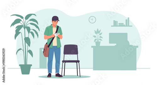 Young man waiting in office lobby, checking phone, modern interior with plants